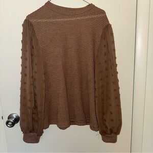Brown Textured Sweater with Sheer Sleeves